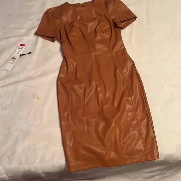 Calvin Klein Faux-Leather Short-Sleeve Sheath Dress - Honey - Size 2